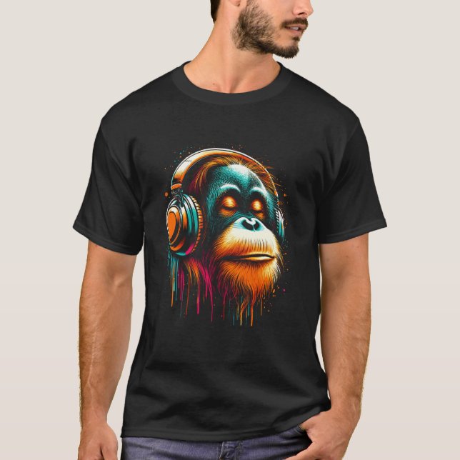 Coola Orangutan Headphone Music Art julfödelse T Shirt (Framsida)
