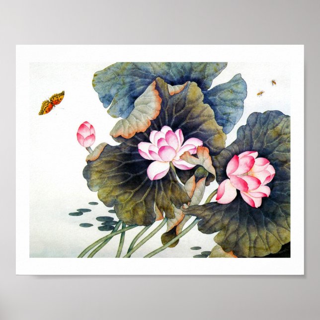 Coola oriental chinese vackra lotus löv butterf poster (Framsidan)