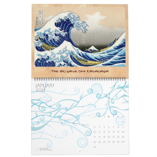 Coola oriental japanese Hokusai Fuji View liggande Kalender (Jan 2027)