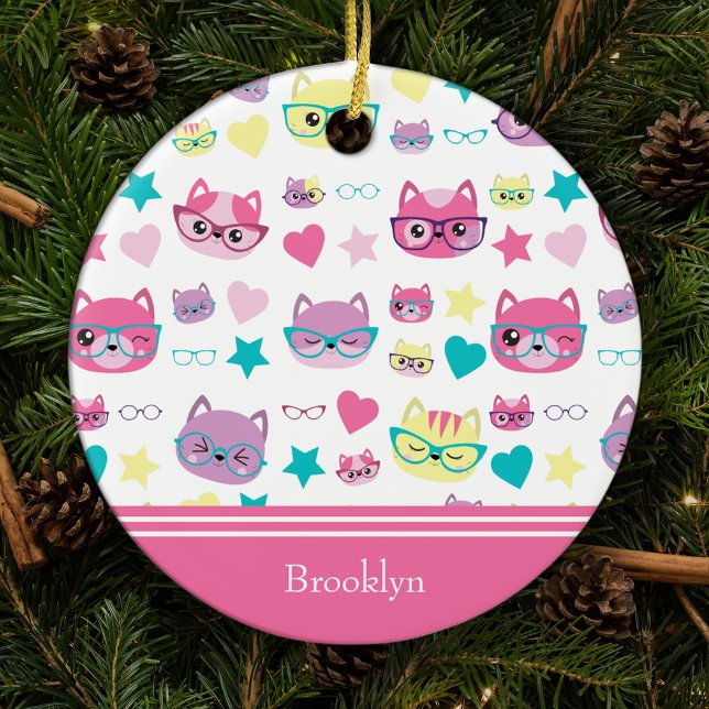 Coola Pastel Cats w Glass Mönster, Rosa jul Julgransprydnad Keramik (Skapare uppladdad)
