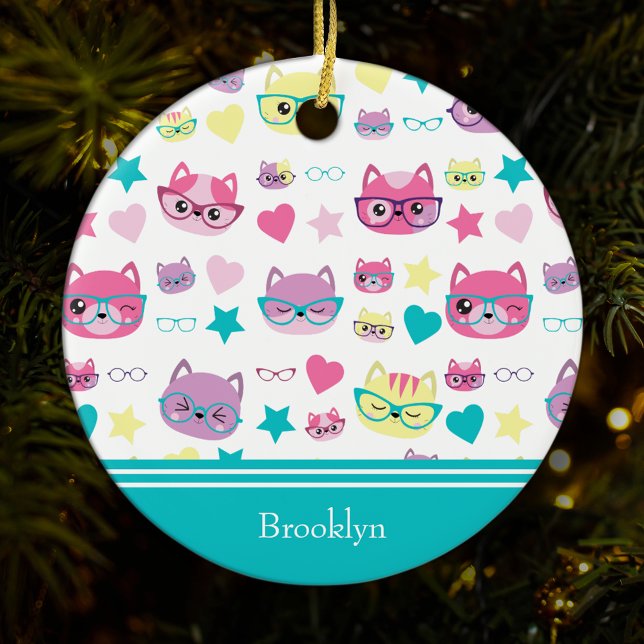 Coola Pastel Cats w Glass Mönster, Teal God jul Julgransprydnad Keramik (Skapare uppladdad)
