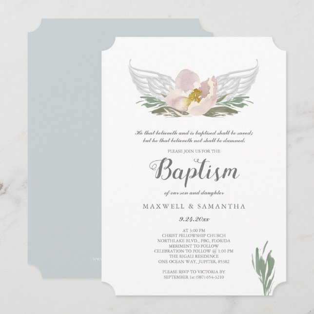 Coola Peach Watercolor Blommigts Angel Vingar Bapt Inbjudningar (Fram/baksida)