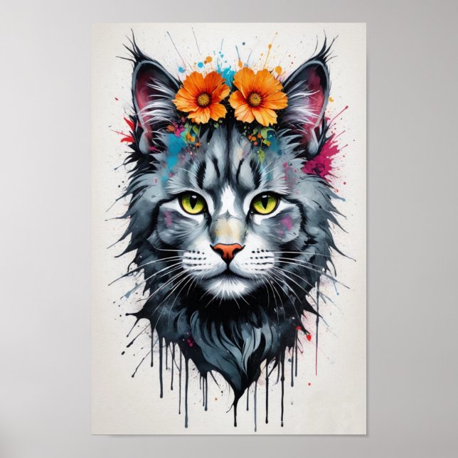 Coola PEG-färgat katt med blommor Porträtt Poster (Framsidan)
