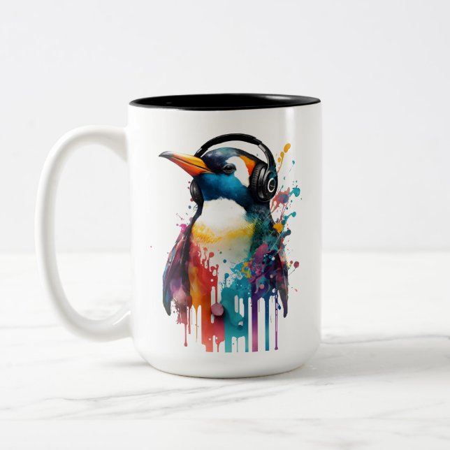 Coola Penguin Coffee Mugg, hörlurar! Två-Tonad Mugg (Vänster)