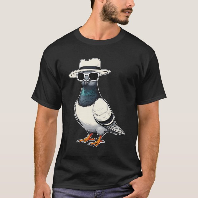 Coola Pigeon i Sunglass och Hat Funny Bird Carto T Shirt (Framsida)