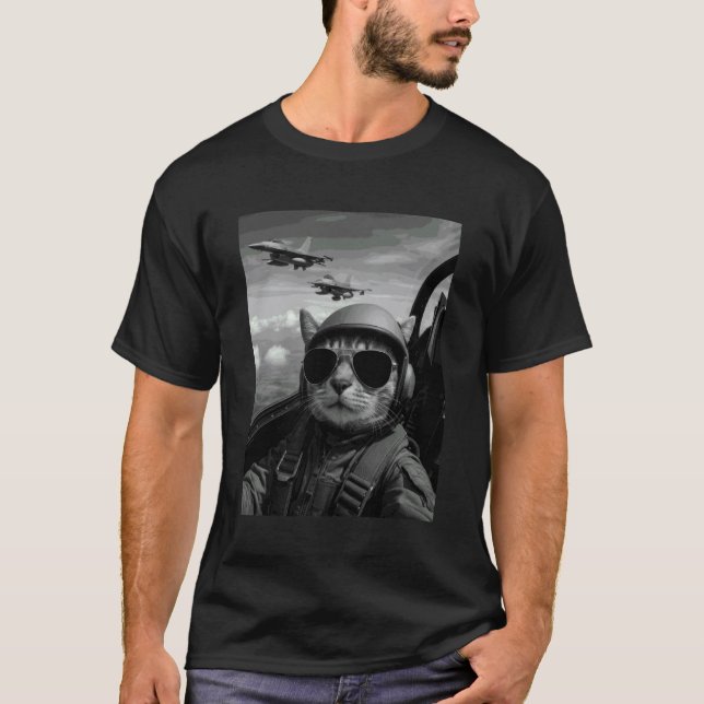 Coola Pilot Katt Selfie Stridsflygplan Humor Grafi T Shirt (Framsida)