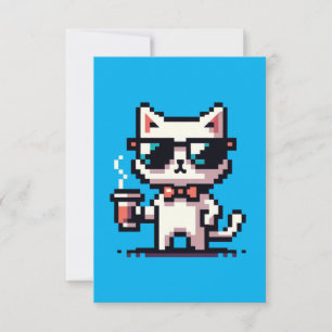Coola Pixel Cat med kaffe - 8-bitars Retro-Kattdju Kort