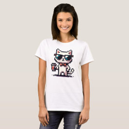 Coola Pixel Cat med kaffe - 8-bitars Retro-Kattdju T Shirt