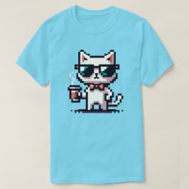 Coola Pixel Cat med kaffe - 8-bitars Retro-Kattdju T Shirt