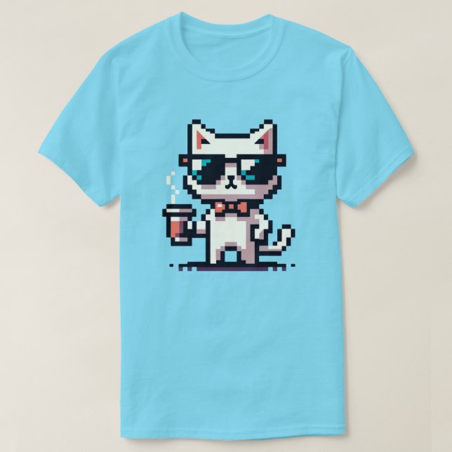 Coola Pixel Cat med kaffe - 8-bitars Retro-Kattdju T Shirt (Design framsida)