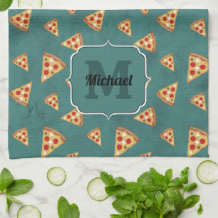Coola pizza slices vintage teal mönster Monogram Kökshandduk