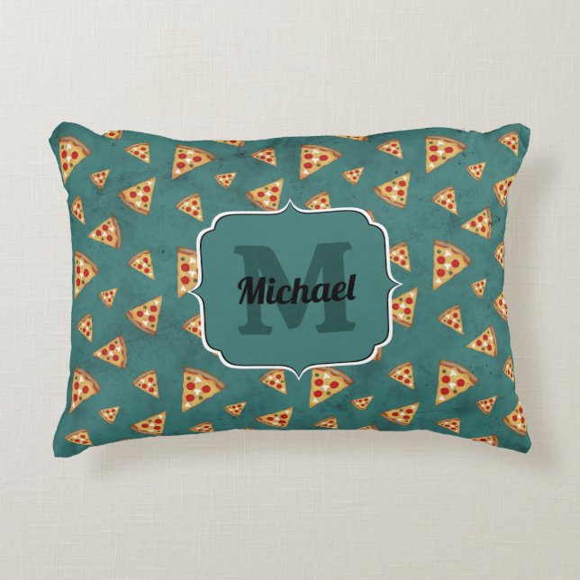 Coola pizza slices vintage teal mönster Monogram Prydnadskudde (Framsidan)
