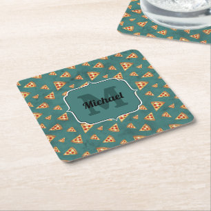 Coola pizzabitars vintage teal mönster Monogram Underlägg Papper Kvadrat