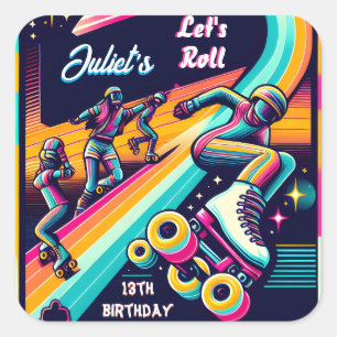 coola pojkar flickor Roller Skating 13:e födelseda Fyrkantigt Klistermärke