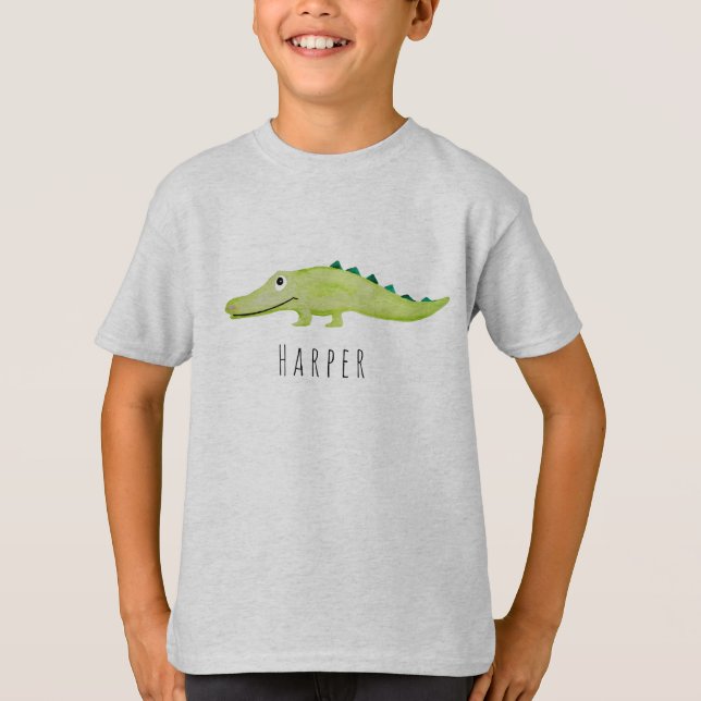Coola Pojks vattenfärg Crocodile Safari med Namn T Shirt (Framsida)