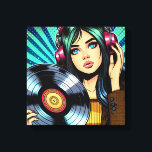 Coola Pop Art Tecknad Stil Girl med Vinyl Album Canvastryck<br><div class="desc">Stil tecknad-flicka med hörlurar på att lyssna på musik och vinylrekord i händer.</div>