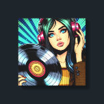 Coola Pop Art Tecknad Stil Girl med Vinyl Album Canvastryck<br><div class="desc">Stil tecknad-flicka med hörlurar på att lyssna på musik och vinylrekord i händer.</div>