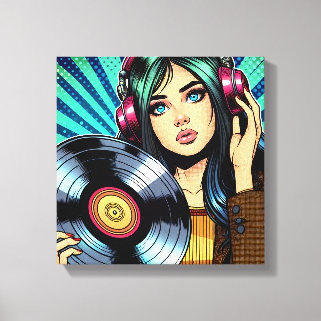Coola Pop Art Tecknad Stil Girl med Vinyl Album Canvastryck (Framsida)