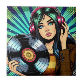 Coola Pop Art Tecknad Stil Girl med Vinyl Album Kakelplatta