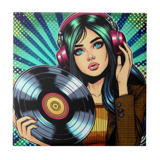 Coola Pop Art Tecknad Stil Girl med Vinyl Album Kakelplatta