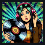 Coola Pop Art Tecknad Stil Girl med Vinyl Album Poster<br><div class="desc">Stil tecknad-flicka med hörlurar på att lyssna på musik och vinylrekord i händer.</div>