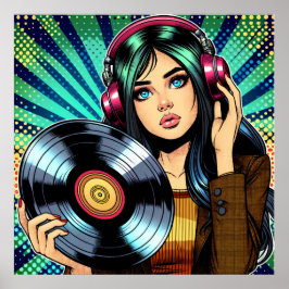 Coola Pop Art Tecknad Stil Girl med Vinyl Album Poster