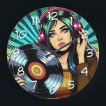 Coola Pop Art Tecknad Stil Girl med Vinyl Album Stor Klocka<br><div class="desc">Stil tecknad-flicka med hörlurar på att lyssna på musik och vinylrekord i händer.</div>