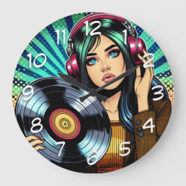 Coola Pop Art Tecknad Stil Girl med Vinyl Album Stor Klocka