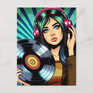 Coola Pop Art Tecknad Stil Girl med Vinyl Album Vykort