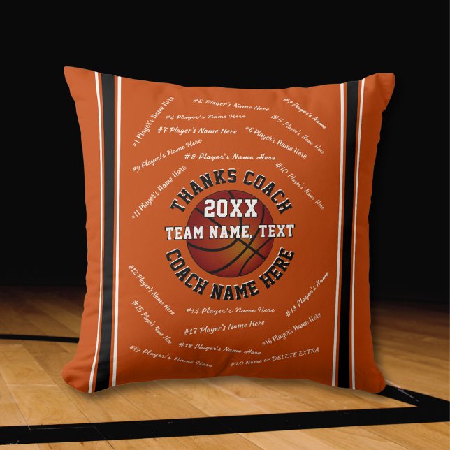 Coola presenter till baskettränare i ER FÄRG Kudde (Basketball Pillow for Coaches. Personalised Basketball Coach Gifts. Orange, White and Black. )