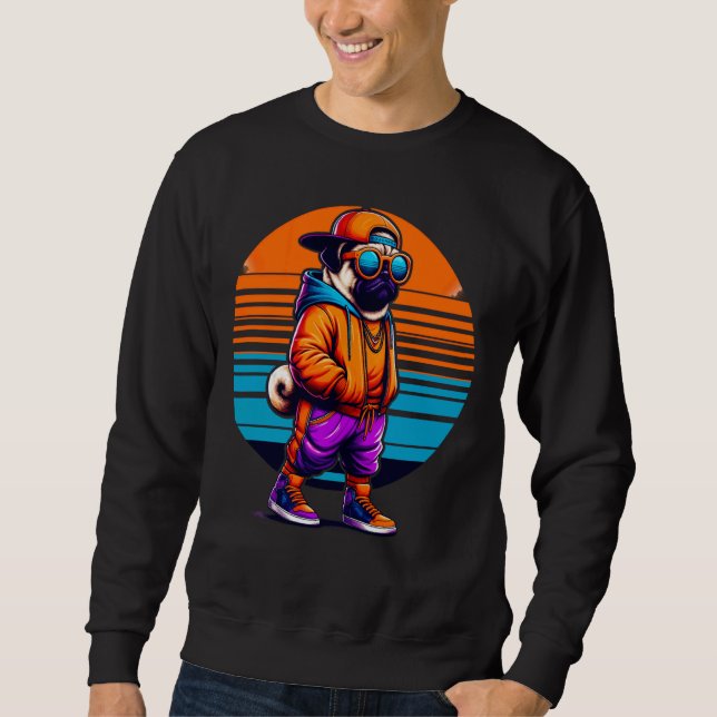 Coola Pug Hund Modern Urban Stil Sunset Retro Grap Lång Ärmad Tröja (Framsida)