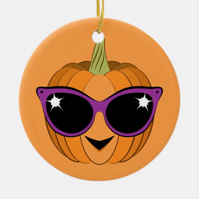 Coola Pumpkin Wearing Retro Cat Sunglass Julgransprydnad Keramik (Framsidan)
