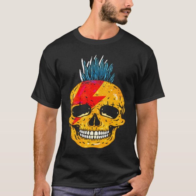 Coola punkrockfärgade dödskallar med mohawk-skelet t shirt (Framsida)