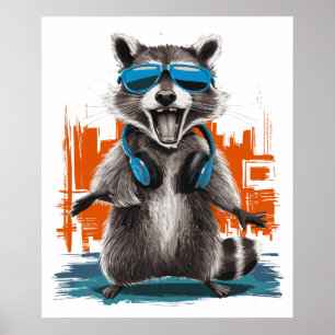 Coola Raccoon med hörlurar Poster
