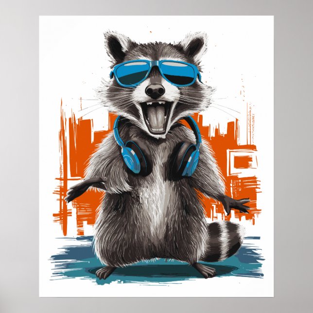 Coola Raccoon med hörlurar Poster (Framsidan)