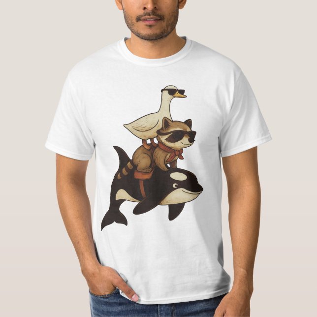 Coola Raccoon och Anka Riding Orca T Shirt (Framsida)