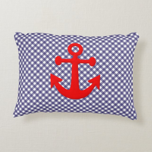 Coola Red Anchor on Checkered gingham Mönster Prydnadskudde (Baksidan)