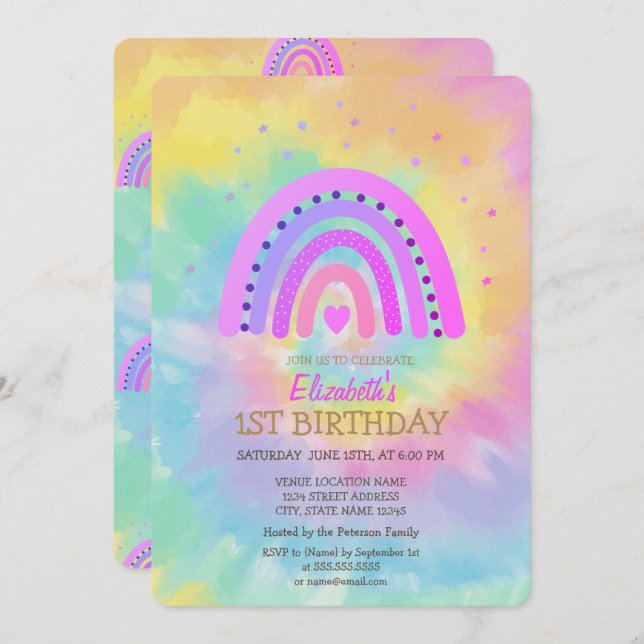 Coola Regnbåge - regnbåge Tie Dye Birthday Inbjudningar (Fram/baksida)