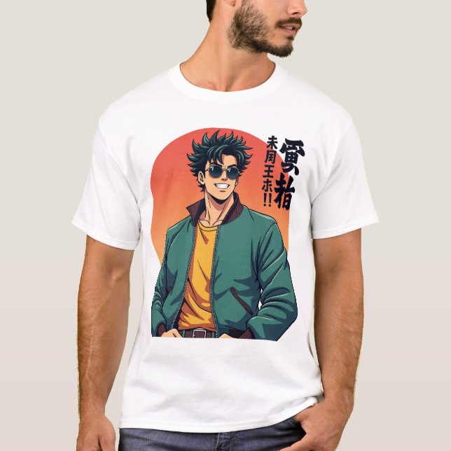 Coola Retro Anime Guy - Snyggt 80s Aesthetic T Shirt (Framsida)