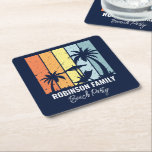 Coola Retro Beach Party Anpassningsbar Navy Blue Underlägg Papper Kvadrat<br><div class="desc">Personligens blå strand party underlägg för din familj resa till Hawaii,  Florida eller andra tropiska ödestinationer. Coola handflatan träd går mot färg av orange och gult över din anpassade semester namn i vitt skript. Underbar för en grupp som går på en kryssning eller en kustflyktsträcka.</div>