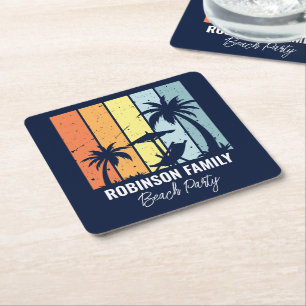 Coola Retro Beach Party Anpassningsbar Navy Blue Underlägg Papper Kvadrat