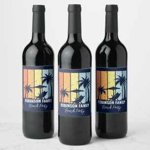 Coola Retro Beach Party Anpassningsbar Navy Blue Vinflaska Etikett