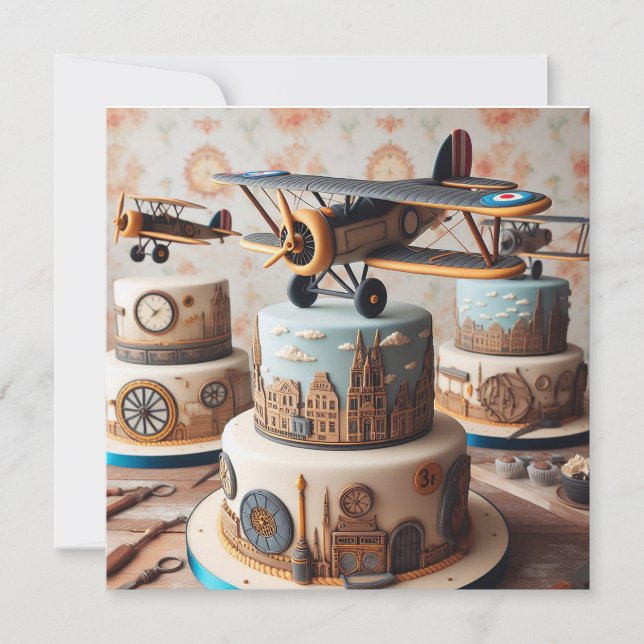 COOLA RETRO BIPLANE BIRTHDAY CAKE KORT (Framsida)