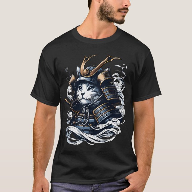 Coola Retro Cat Samurai Porträtt Ninja Japan Art T T Shirt (Framsida)