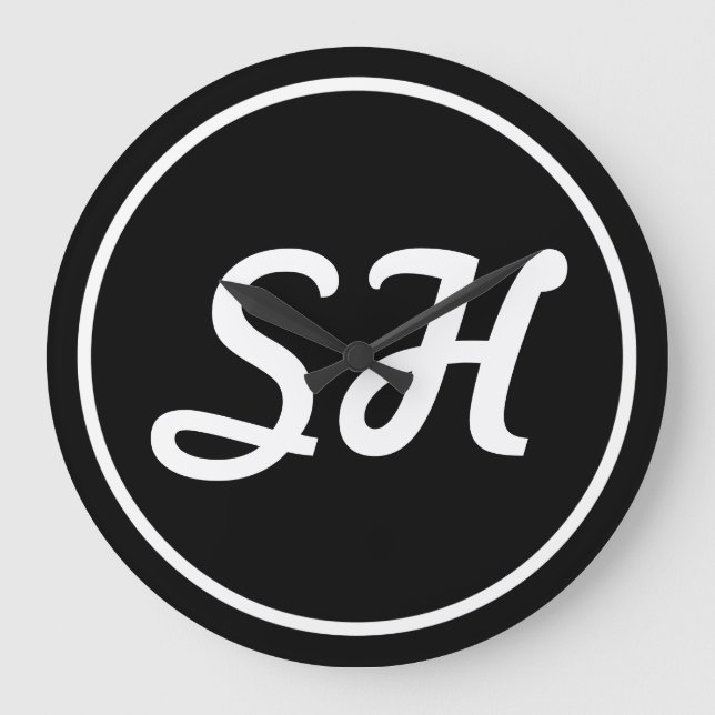 Coola Retro-Modern Stil Monogram | Svartvitt Stor Klocka (Framsida)