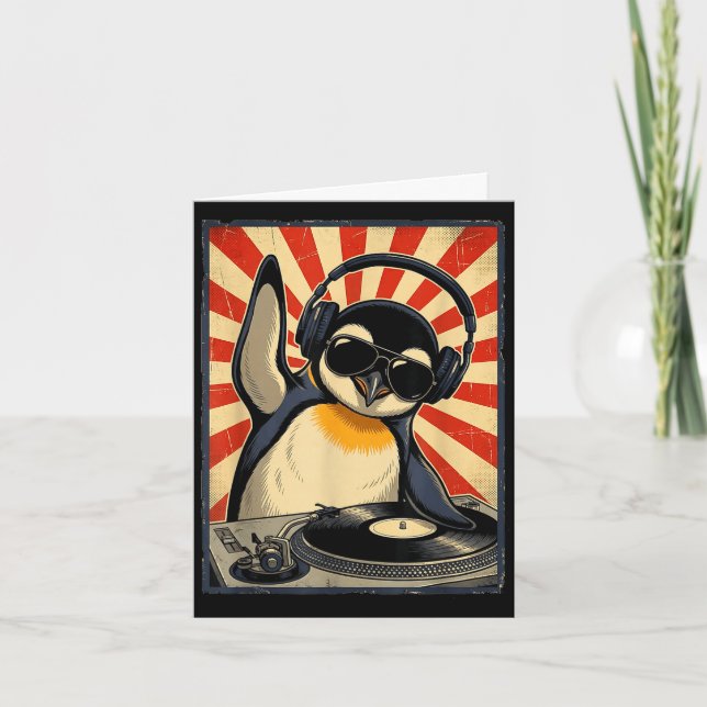 Coola retro pingvin dj roliga pingviner musik män kort (Framsida)