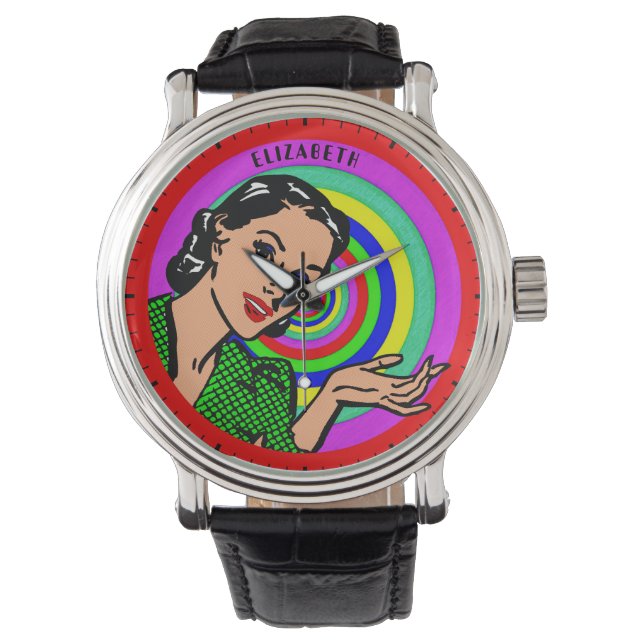 Coola Retro Pop Art Girl i Färg Circles Armbandsur (Framsida)