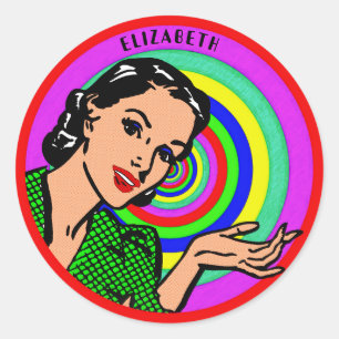 Coola Retro Pop Art Girl i Färg Circles Runt Klistermärke