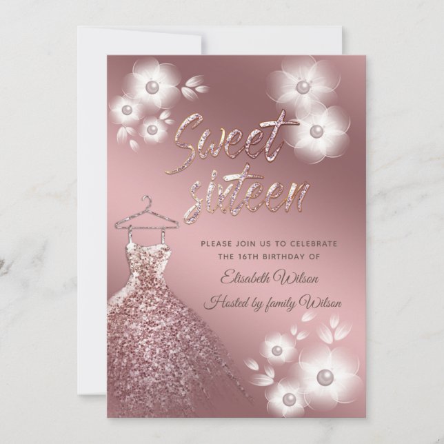 Coola Ro guld klädpärla blommigt sweet sixteen Inbjudningar (Framsida)