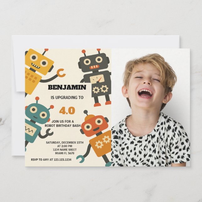 Coola Robot Birthday-inbjudan med foto Inbjudningar (Framsida)